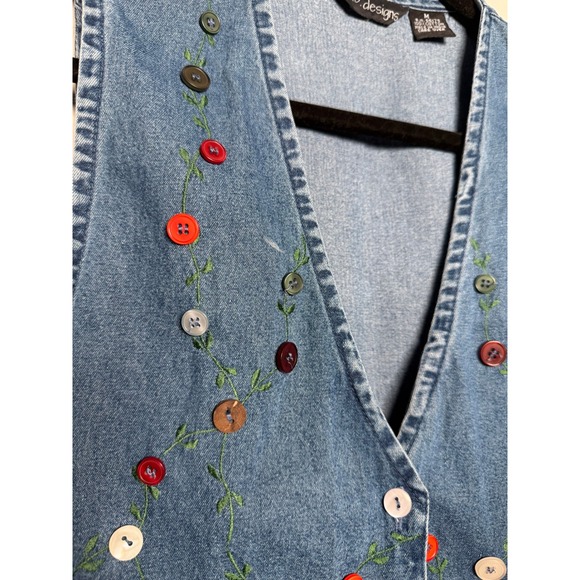 Vintage Denim Vest  Embroidered Button Floral Applique - Picture 4 of 7